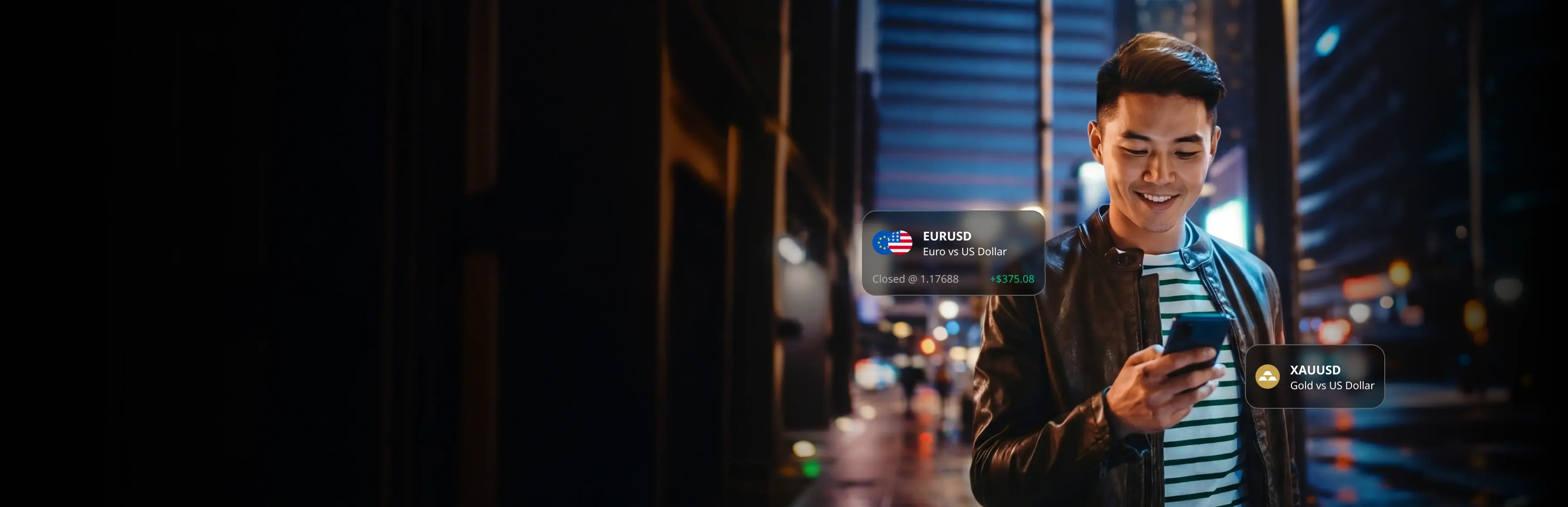 HFM trader checking the markets on a mobile phone in a night city